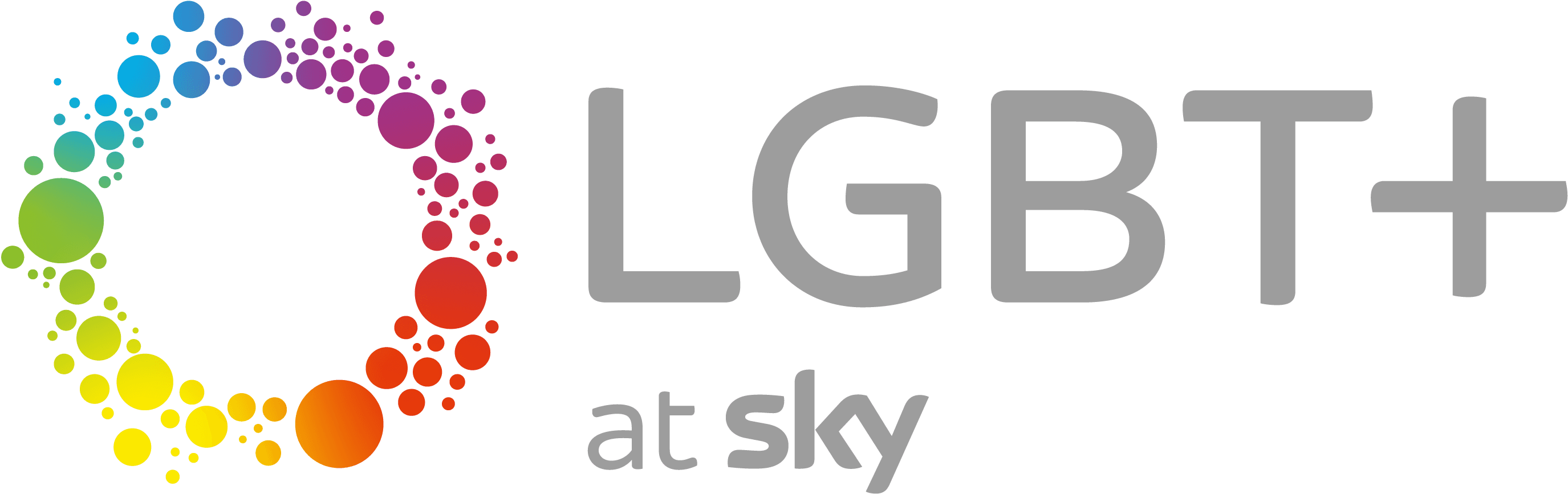 “LGBT+ at Sky” logo featuring grey text beside a vibrant circular pattern made up of rainbow-colored dots.