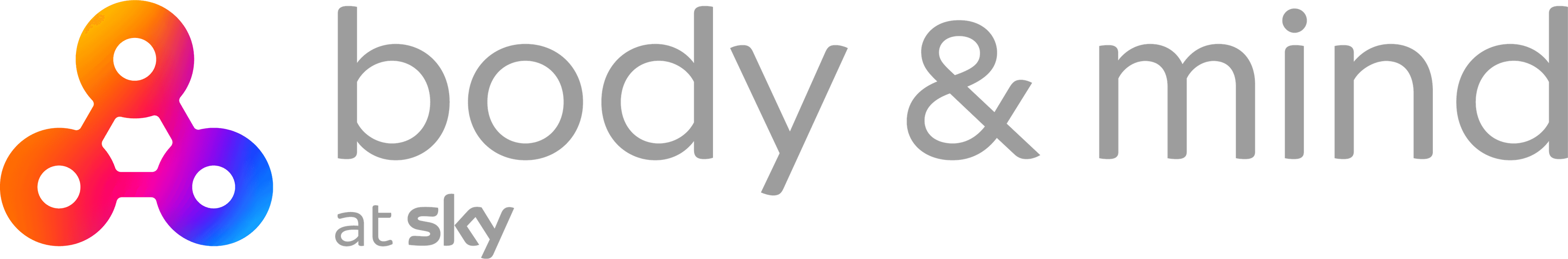 Logo for ‘body & mind at Sky,’ featuring lowercase grey text next to a colorful abstract icon composed of three connected circles