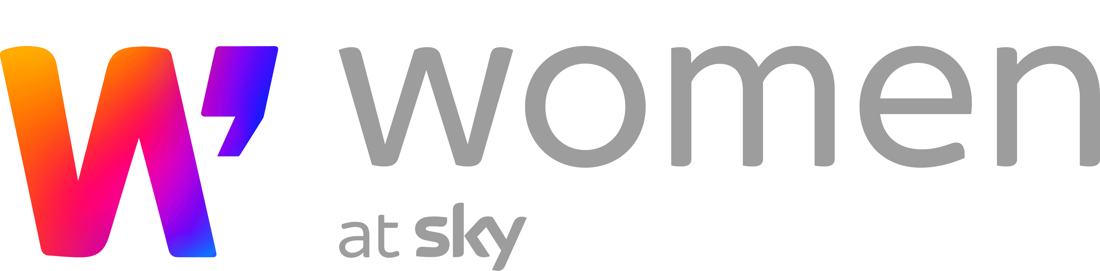 “Women at Sky” logo with grey text next to a bold “W” in a gradient of orange, pink, and purple.