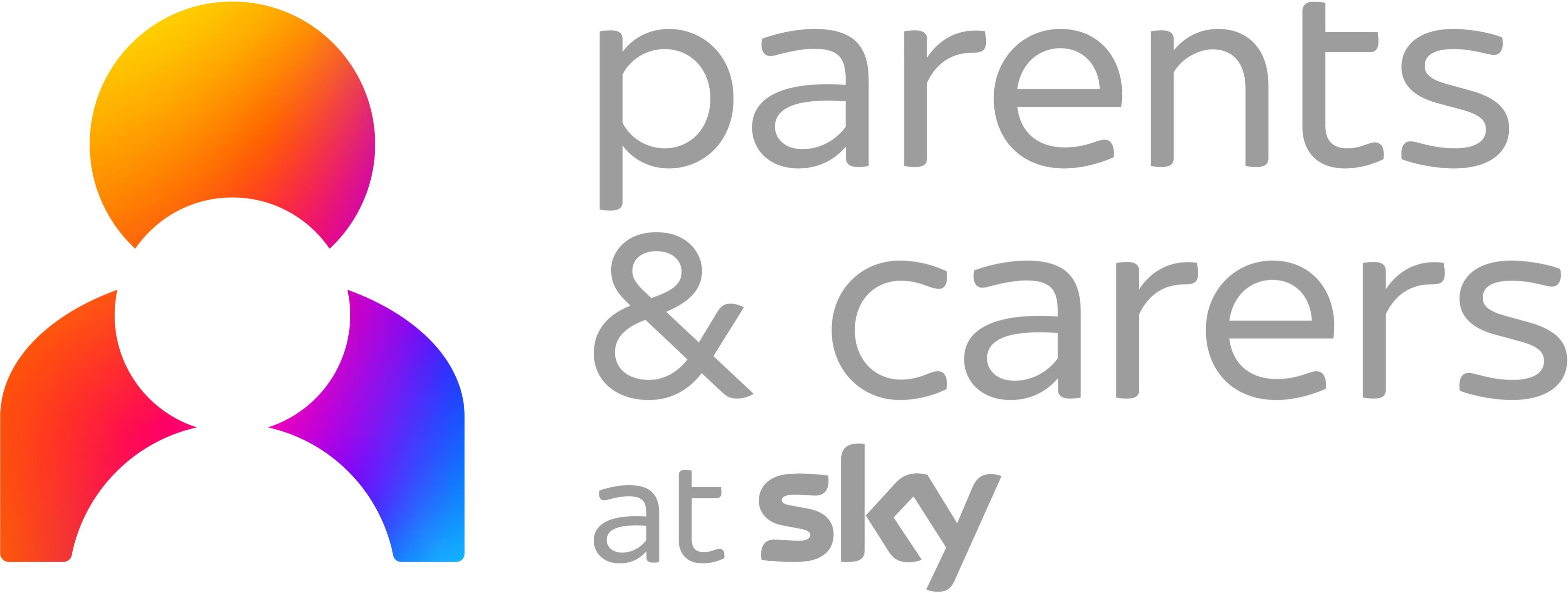 Logo for ‘parents & carers at Sky,’ showing grey lowercase text alongside a stylized figure of an adult in bright colors holding a child.