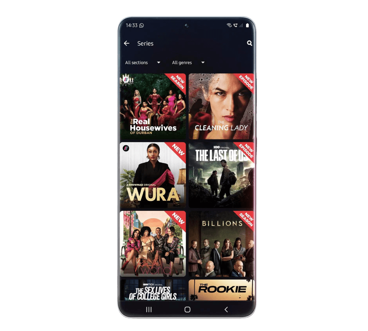 A smartphone screen showing a streaming app with titles like “Wura,” “The Rookie,” and “The Last of Us.”