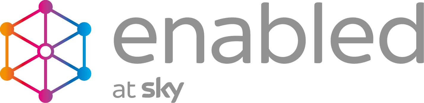 Logo for “Enabled at Sky” featuring a stylized geometric network icon with colorful gradient dots and grey text on a white background.