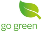 “Go green” logo featuring a bright green leaf above lowercase text, promoting sustainability on a white background.