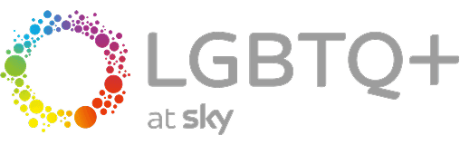 “LGBT+ at Sky” logo featuring grey text beside a vibrant circular pattern made up of rainbow-colored dots.