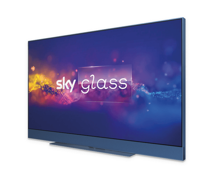 Sky Glass TV with a blue frame displaying the Sky Glass logo on a vibrant, abstract background.