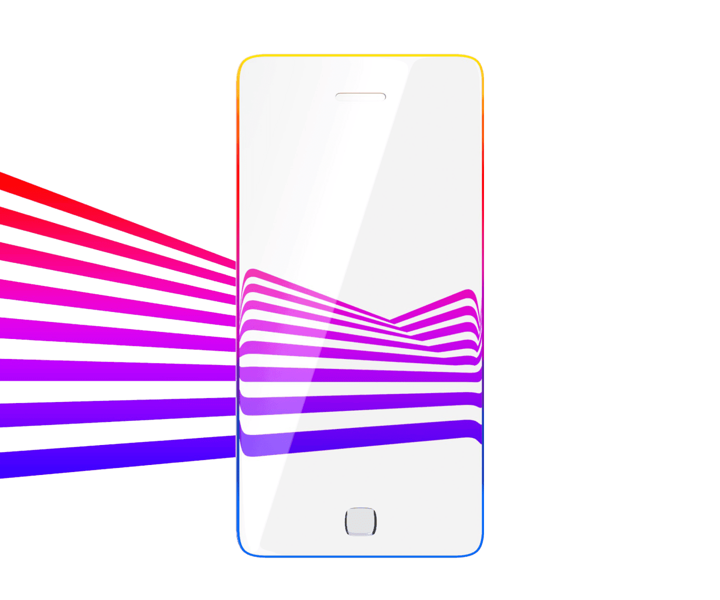 Stylised mobile phone illustration with purple and red gradient lines extending outward from the screen.