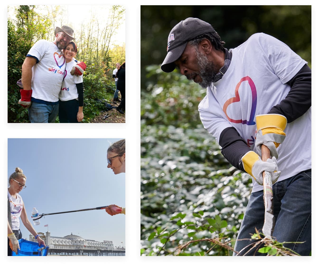 Sky volunteers in white “Sky Cares” shirts cleaning outdoors and planting, part of a community action day.