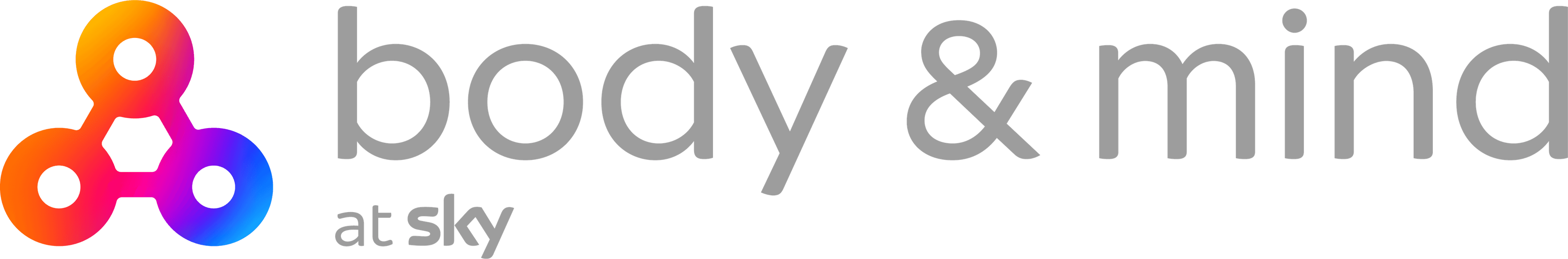 Body & Mind at Sky logo with a gradient tri-circle symbol and grey text promoting wellbeing initiatives at Sky.
