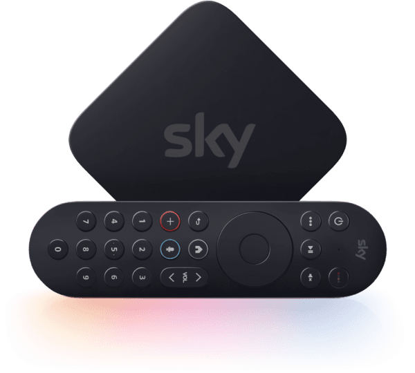 Black Sky Stream box and matching remote with multicolored glow underneath, showing branded buttons and controls.