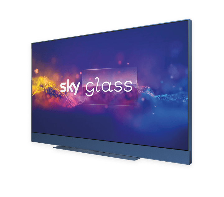 Un televisore Sky Glass con cornice blu su cui è raffigurato il logo Sky Glass su uno sfondo astratto e vivace.